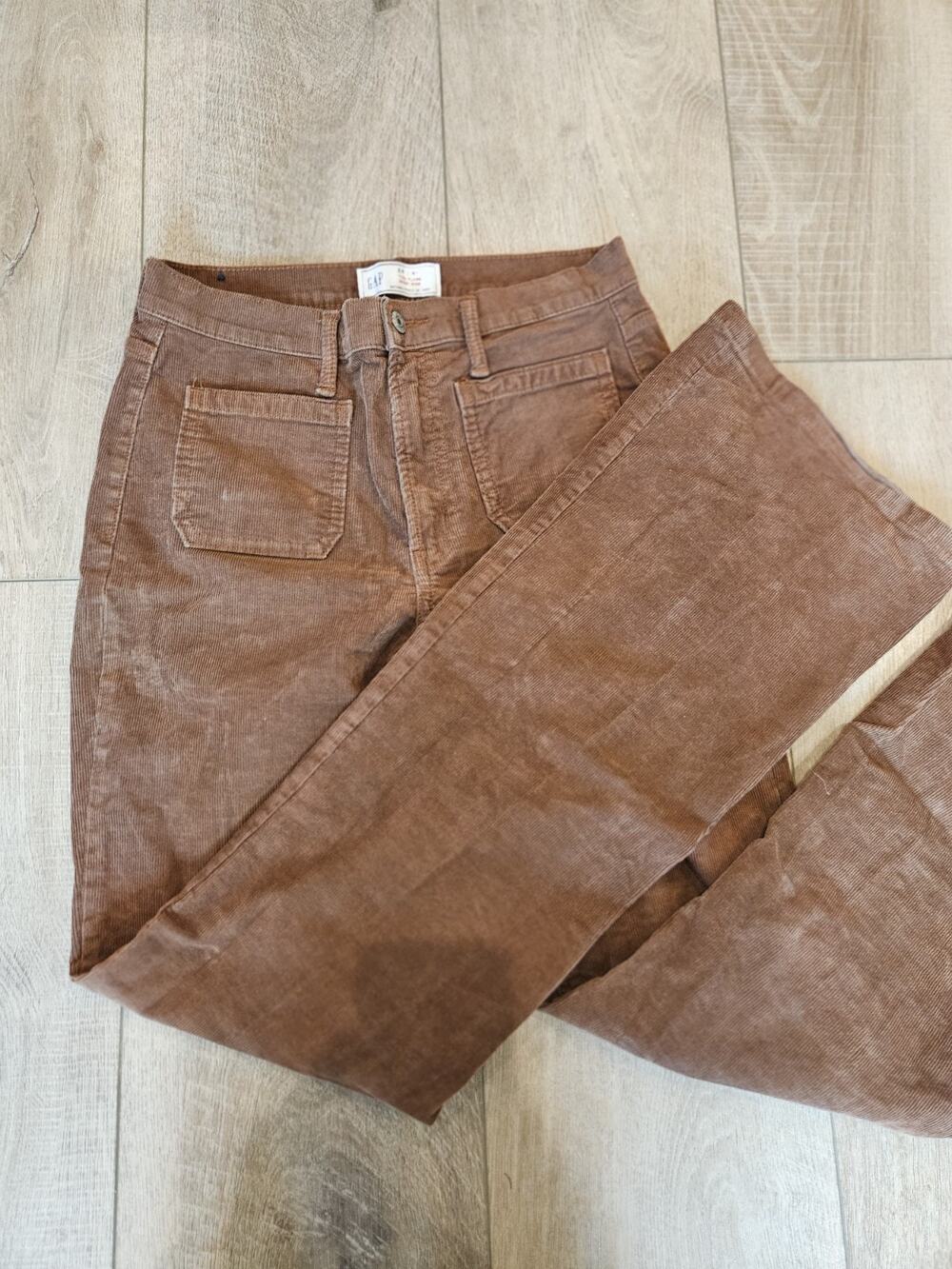 GAP 70s Flare Corduroy Pants 6 Long Brown High Rise Vintage Boho Patch Pocket